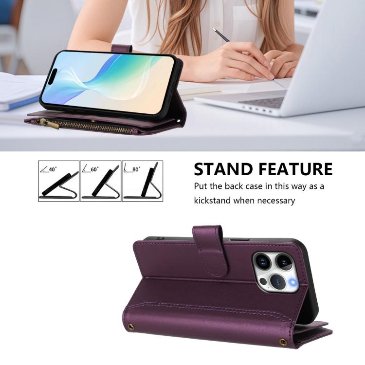 For iPhone 16 Pro Max Magnetic Closure 9 Card Slots Zipper Leather Case with Hand Strap