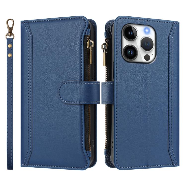 For iPhone 16 Pro Magnetic Closure 9 Card Slots Zipper Leather Case with Hand Strap