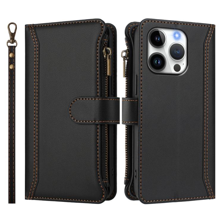 For iPhone 16 Pro Magnetic Closure 9 Card Slots Zipper Leather Case with Hand Strap