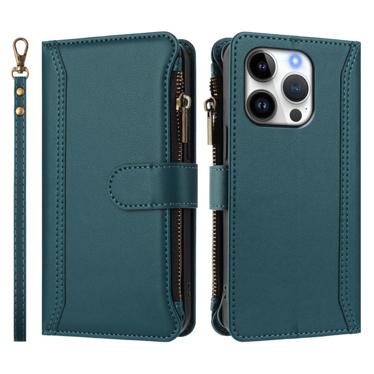 For iPhone 16 Pro Magnetic Closure 9 Card Slots Zipper Leather Case with Hand Strap