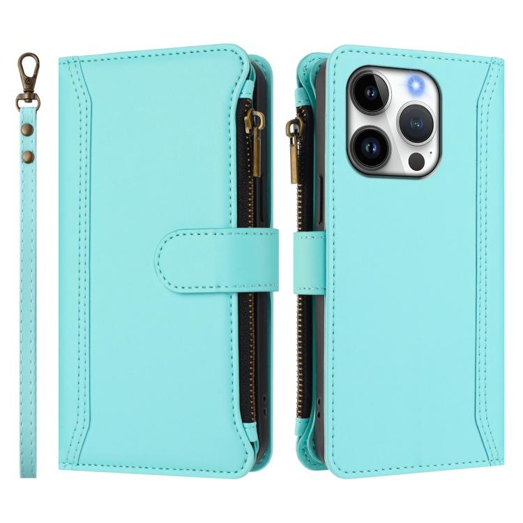 For iPhone 16 Pro Magnetic Closure 9 Card Slots Zipper Leather Case with Hand Strap