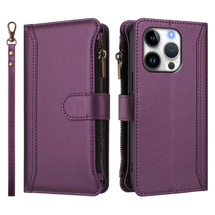 For iPhone 16 Pro Magnetic Closure 9 Card Slots Zipper Leather Case with Hand Strap