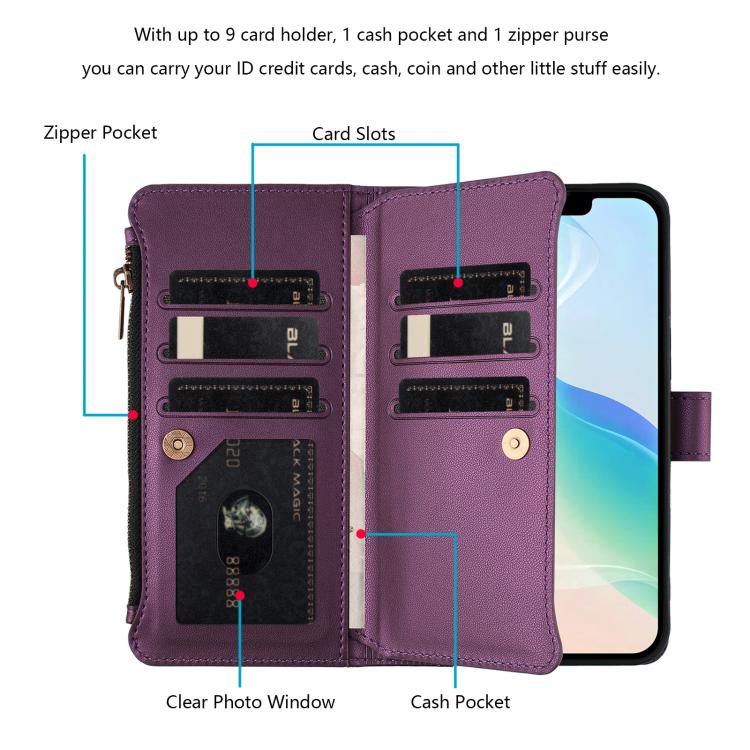 For iPhone 16 Pro Magnetic Closure 9 Card Slots Zipper Leather Case with Hand Strap