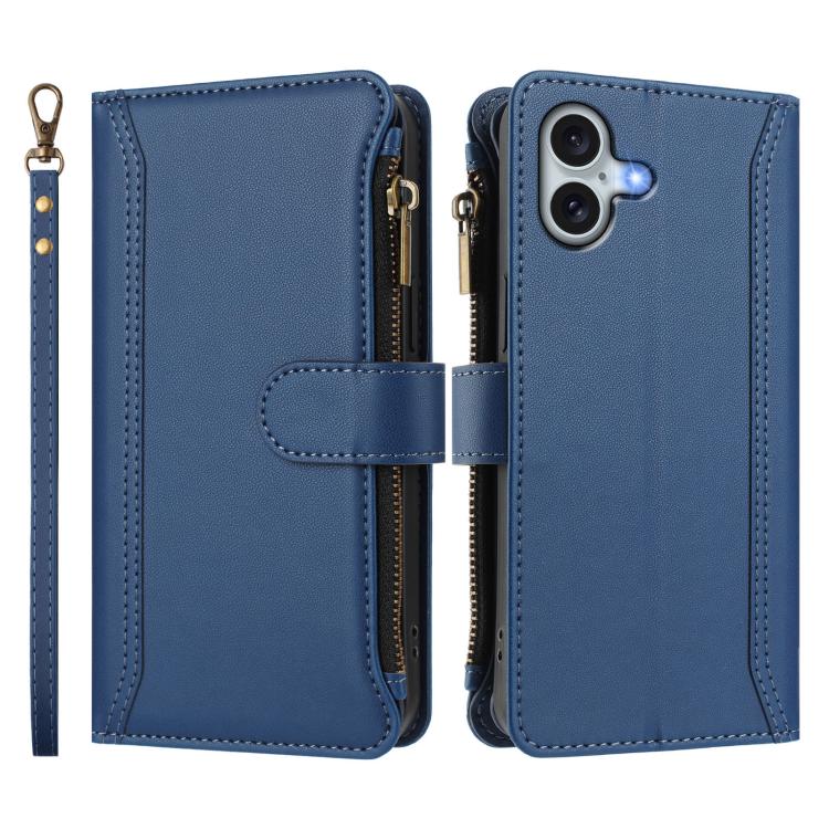 For iPhone 16 Plus Magnetic Closure 9 Card Slots Zipper Leather Case with Hand Strap