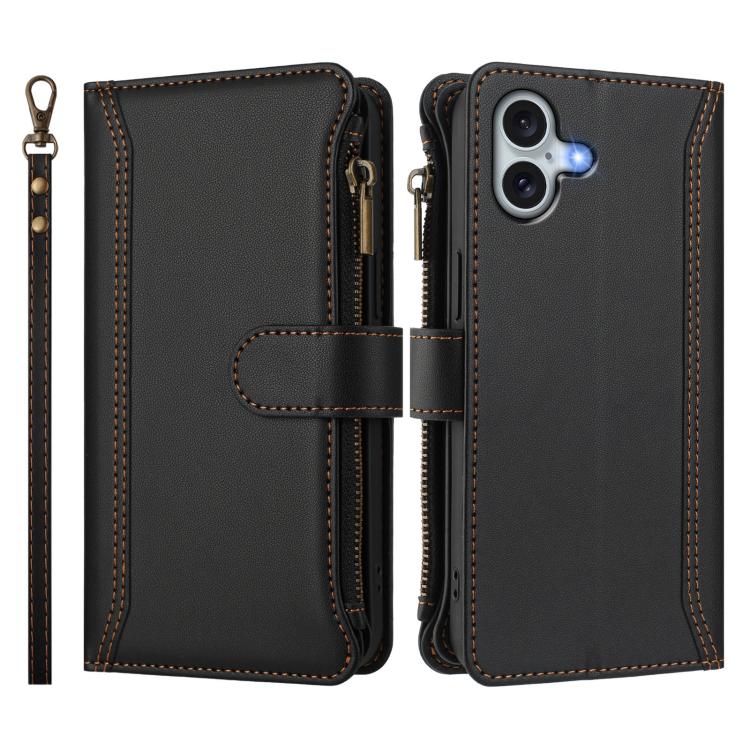 For iPhone 16 Plus Magnetic Closure 9 Card Slots Zipper Leather Case with Hand Strap