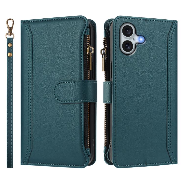 For iPhone 16 Plus Magnetic Closure 9 Card Slots Zipper Leather Case with Hand Strap