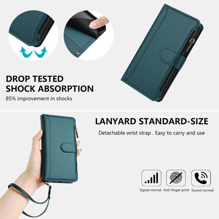 For iPhone 16 Plus Magnetic Closure 9 Card Slots Zipper Leather Case with Hand Strap
