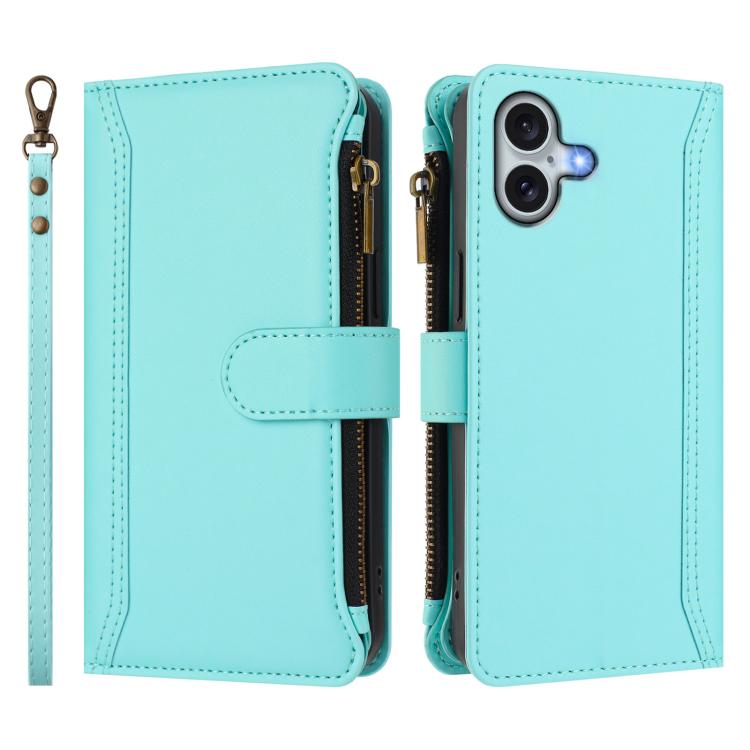 For iPhone 16 Plus Magnetic Closure 9 Card Slots Zipper Leather Case with Hand Strap
