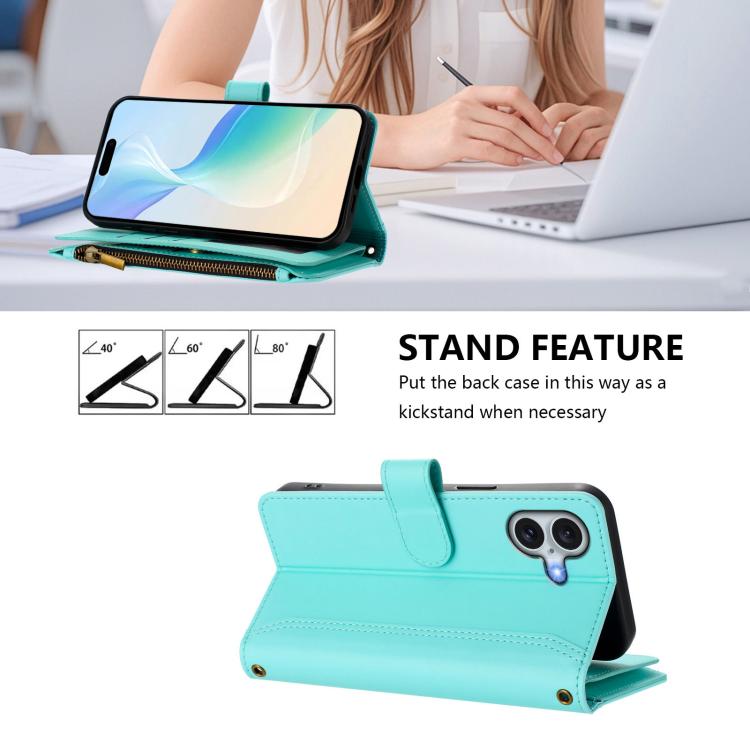 For iPhone 16 Plus Magnetic Closure 9 Card Slots Zipper Leather Case with Hand Strap