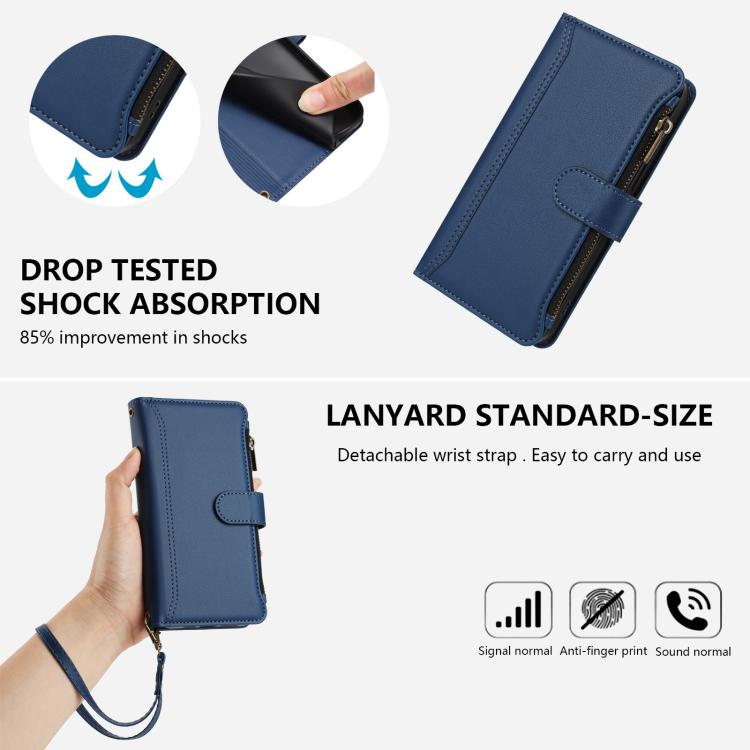 For iPhone 16 Magnetic Closure 9 Card Slots Zipper Leather Case with Hand Strap