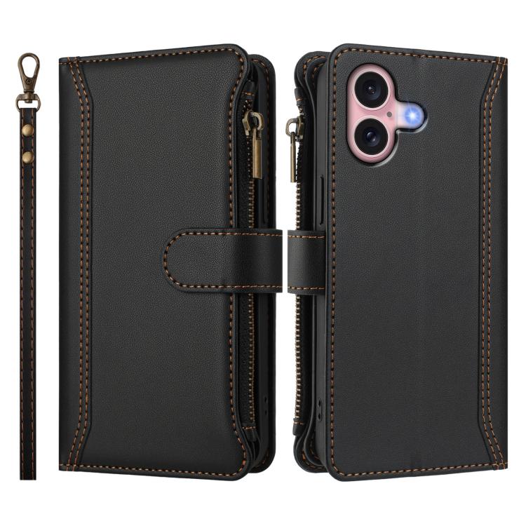 For iPhone 16 Magnetic Closure 9 Card Slots Zipper Leather Case with Hand Strap