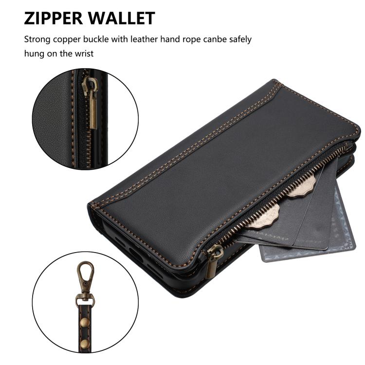 For iPhone 16 Magnetic Closure 9 Card Slots Zipper Leather Case with Hand Strap