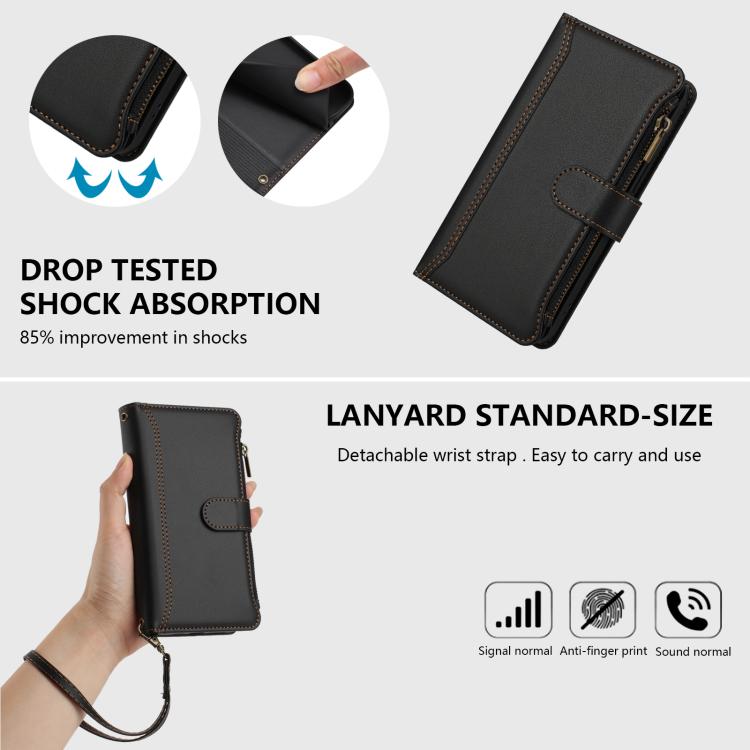 For iPhone 16 Magnetic Closure 9 Card Slots Zipper Leather Case with Hand Strap