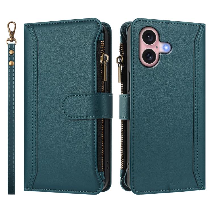 For iPhone 16 Magnetic Closure 9 Card Slots Zipper Leather Case with Hand Strap