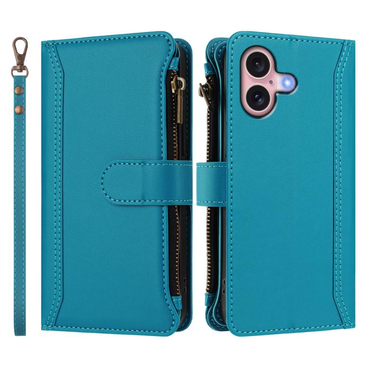 For iPhone 16 Magnetic Closure 9 Card Slots Zipper Leather Case with Hand Strap
