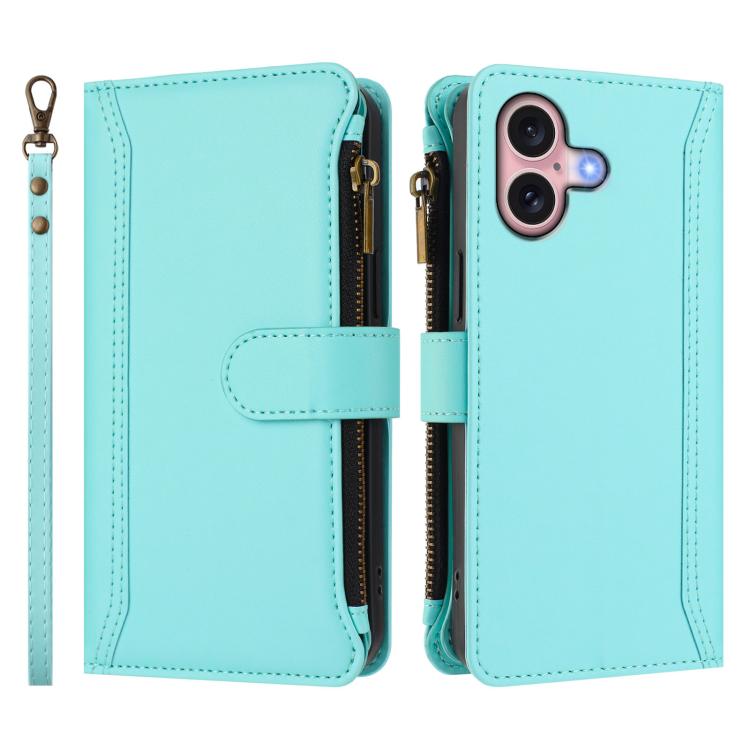 For iPhone 16 Magnetic Closure 9 Card Slots Zipper Leather Case with Hand Strap
