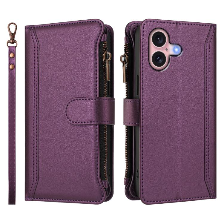 For iPhone 16 Magnetic Closure 9 Card Slots Zipper Leather Case with Hand Strap