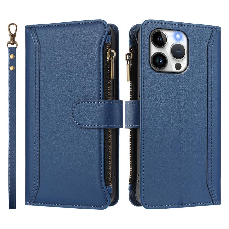 For iPhone 15 Pro Max Magnetic Closure 9 Card Slots Zipper Leather Case with Hand Strap