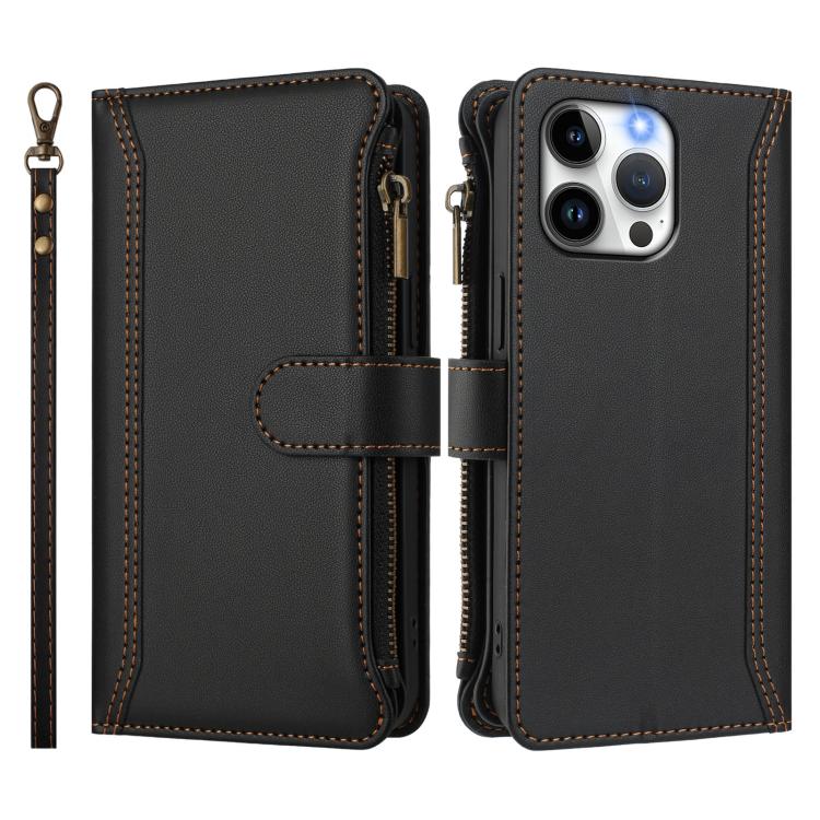 For iPhone 15 Pro Max Magnetic Closure 9 Card Slots Zipper Leather Case with Hand Strap