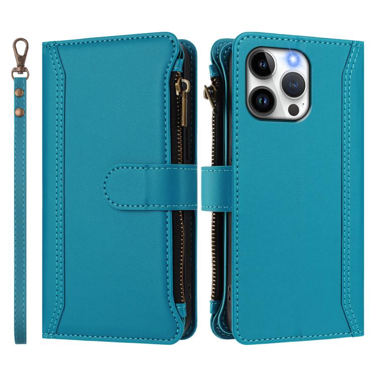 For iPhone 15 Pro Max Magnetic Closure 9 Card Slots Zipper Leather Case with Hand Strap
