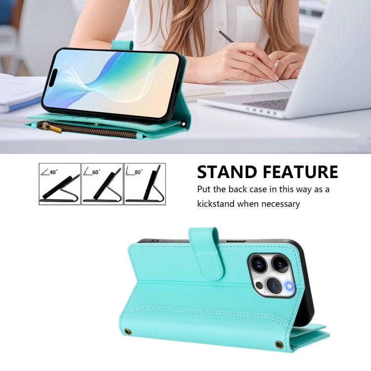 For iPhone 15 Pro Max Magnetic Closure 9 Card Slots Zipper Leather Case with Hand Strap
