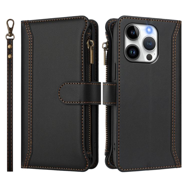 For iPhone 15 Pro Magnetic Closure 9 Card Slots Zipper Leather Case with Hand Strap