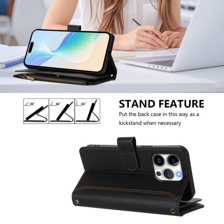 For iPhone 15 Pro Magnetic Closure 9 Card Slots Zipper Leather Case with Hand Strap