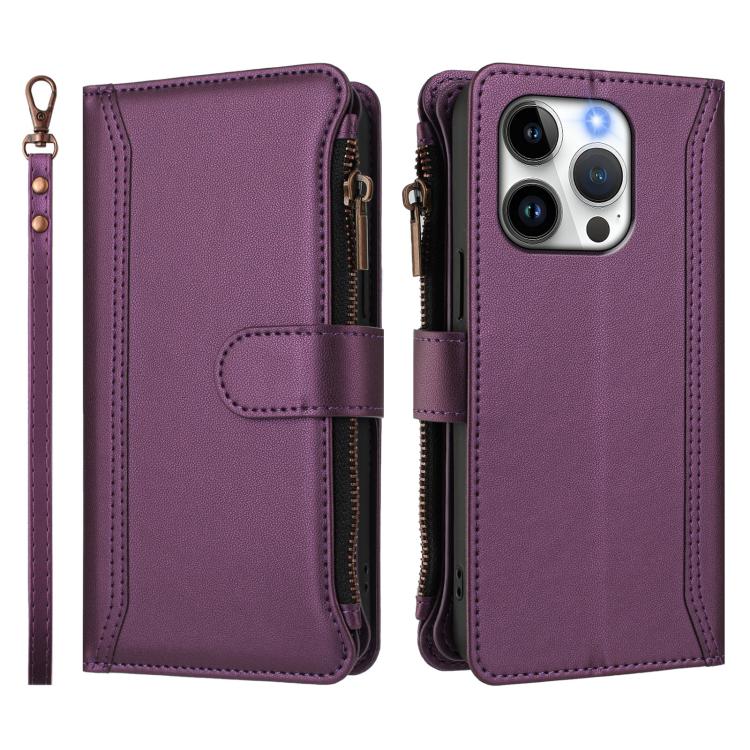 For iPhone 15 Pro Magnetic Closure 9 Card Slots Zipper Leather Case with Hand Strap