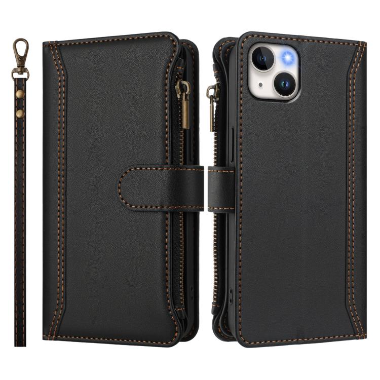 For iPhone 15 Plus Magnetic Closure 9 Card Slots Zipper Leather Case with Hand Strap