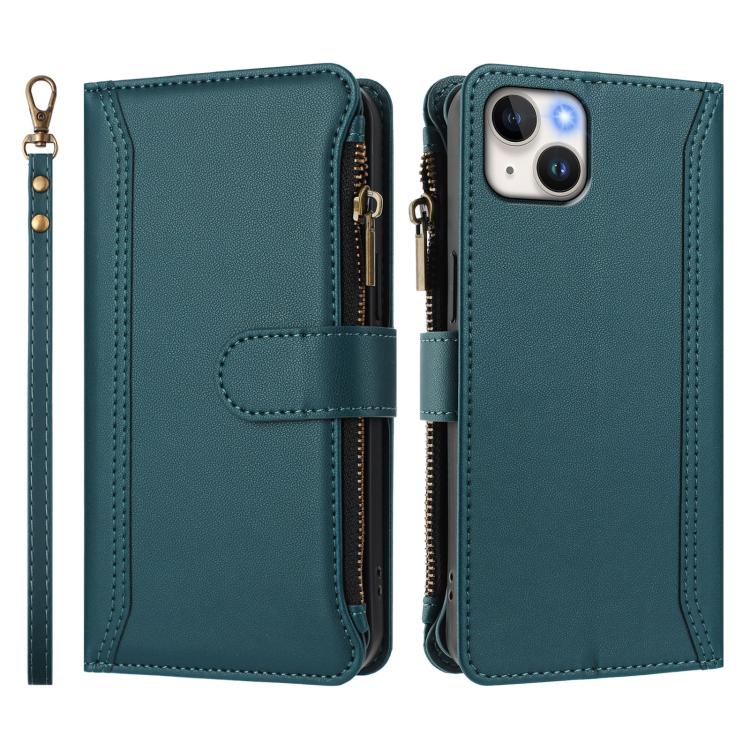 For iPhone 15 Plus Magnetic Closure 9 Card Slots Zipper Leather Case with Hand Strap