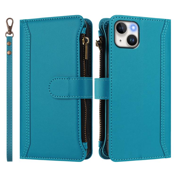 For iPhone 15 Plus Magnetic Closure 9 Card Slots Zipper Leather Case with Hand Strap