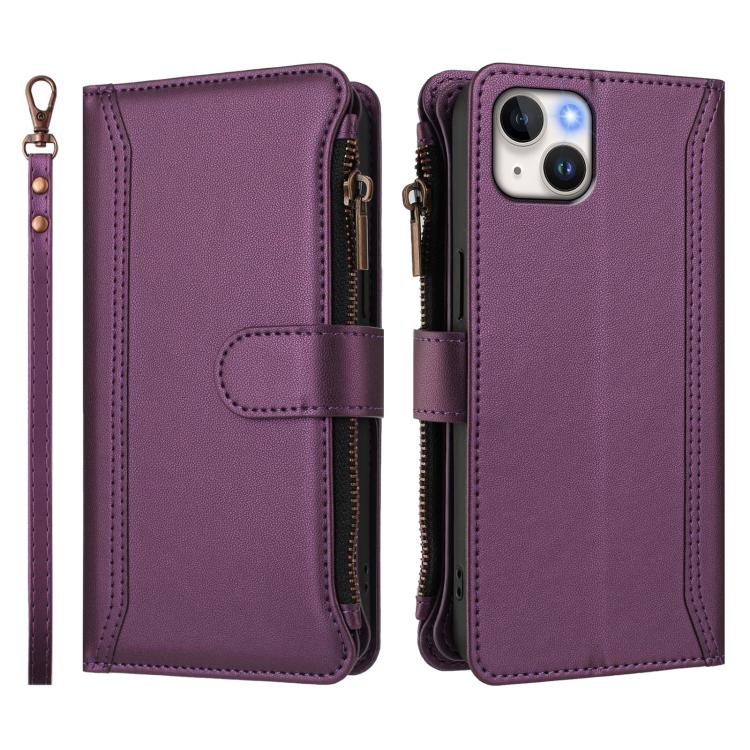 For iPhone 15 Plus Magnetic Closure 9 Card Slots Zipper Leather Case with Hand Strap