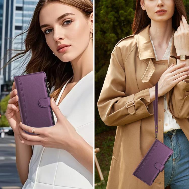 For iPhone 15 Plus Magnetic Closure 9 Card Slots Zipper Leather Case with Hand Strap