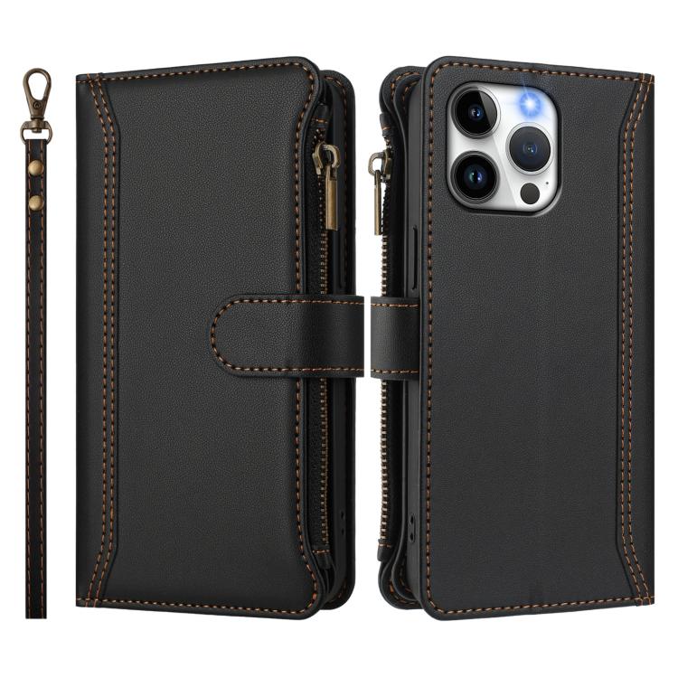 For iPhone 14 Pro Max Magnetic Closure 9 Card Slots Zipper Leather Case with Hand Strap