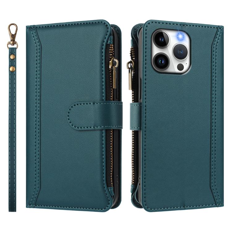 For iPhone 14 Pro Max Magnetic Closure 9 Card Slots Zipper Leather Case with Hand Strap