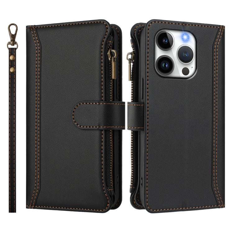 For iPhone 14 Pro Magnetic Closure 9 Card Slots Zipper Leather Case with Hand Strap