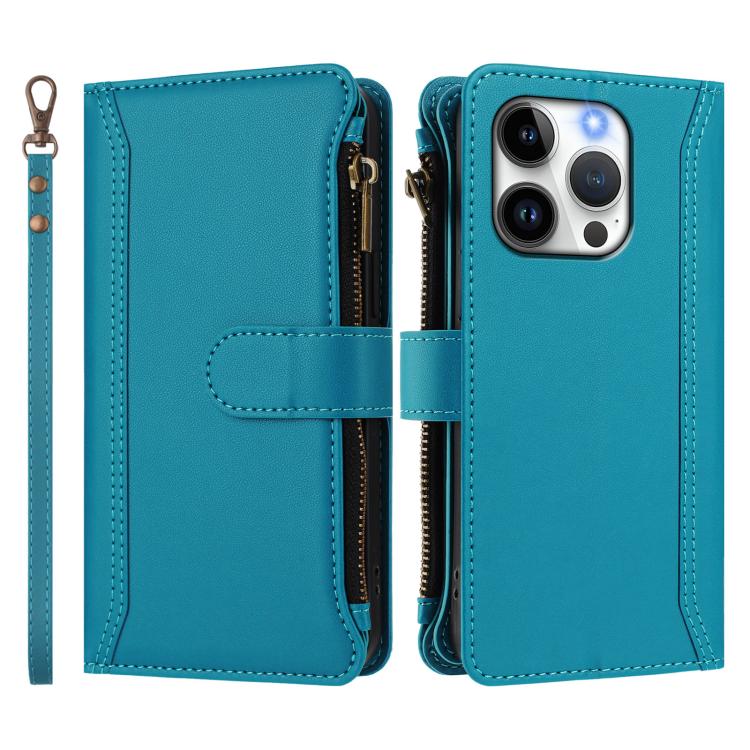 For iPhone 14 Pro Magnetic Closure 9 Card Slots Zipper Leather Case with Hand Strap