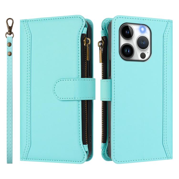 For iPhone 14 Pro Magnetic Closure 9 Card Slots Zipper Leather Case with Hand Strap