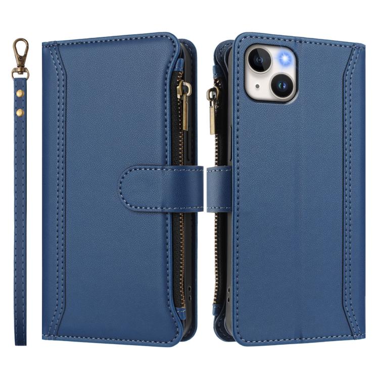 For iPhone 14 Plus Magnetic Closure 9 Card Slots Zipper Leather Case with Hand Strap