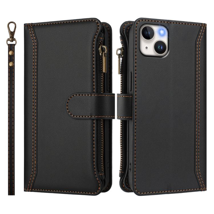 For iPhone 14 Plus Magnetic Closure 9 Card Slots Zipper Leather Case with Hand Strap