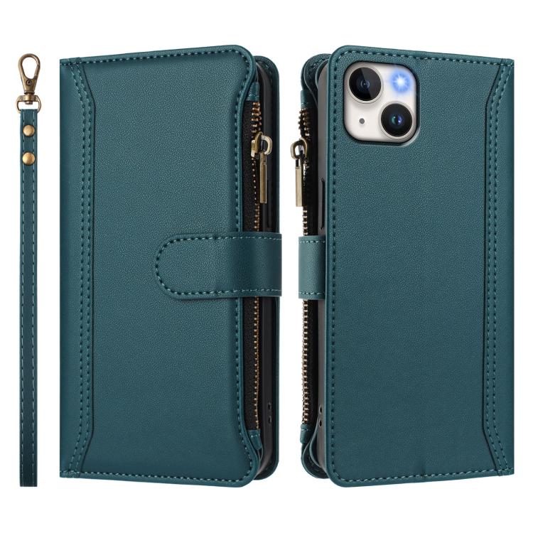 For iPhone 14 Plus Magnetic Closure 9 Card Slots Zipper Leather Case with Hand Strap
