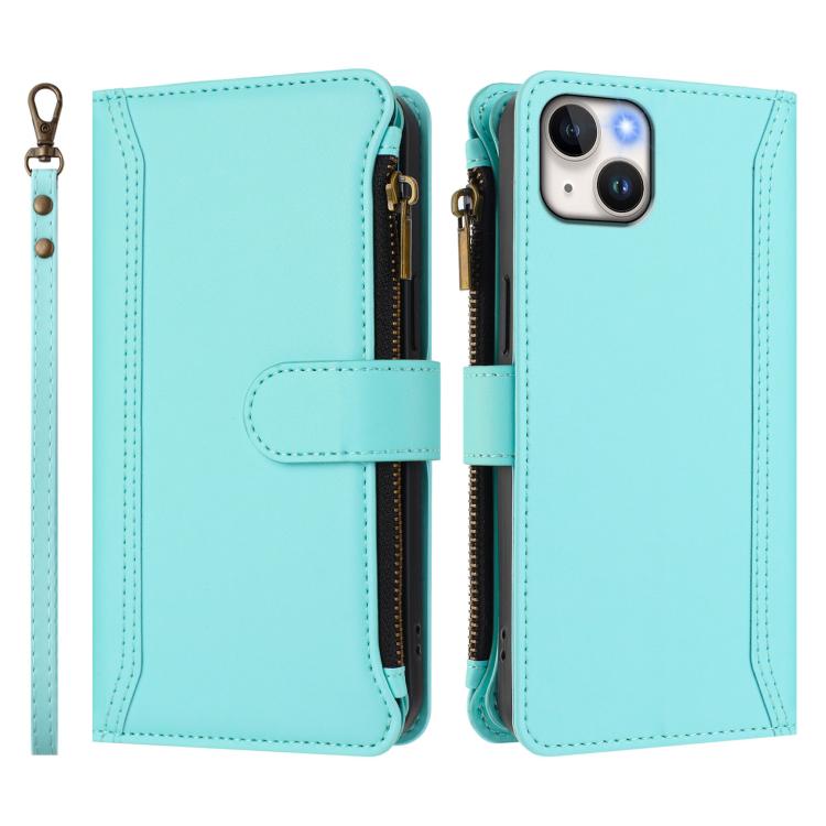 For iPhone 14 Plus Magnetic Closure 9 Card Slots Zipper Leather Case with Hand Strap