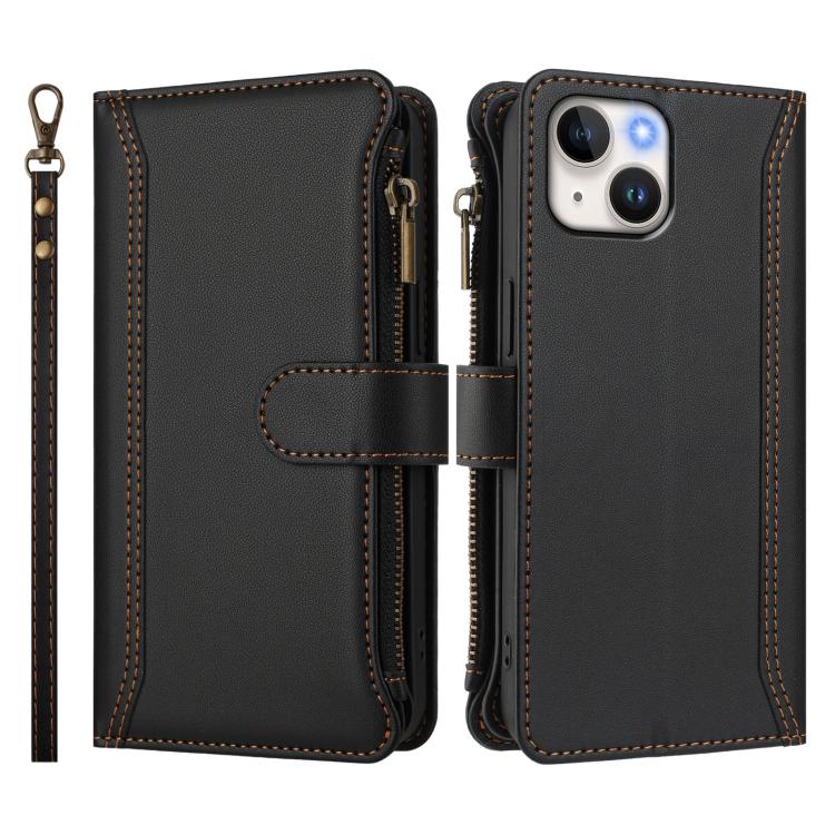 For iPhone 14 / 13 Magnetic Closure 9 Card Slots Zipper Leather Case with Hand Strap