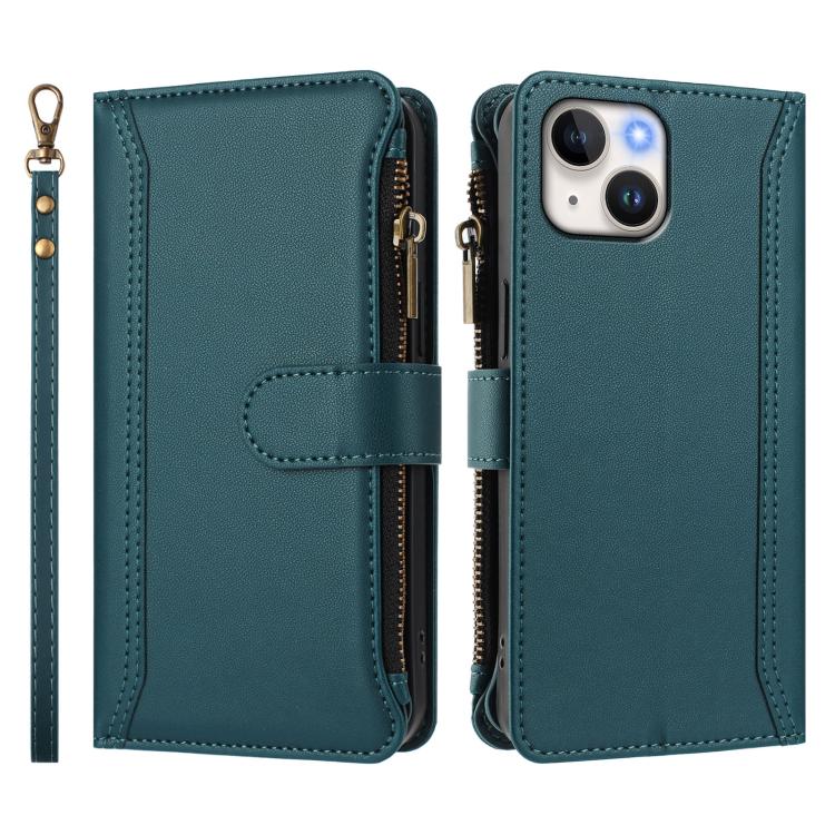 For iPhone 14 / 13 Magnetic Closure 9 Card Slots Zipper Leather Case with Hand Strap