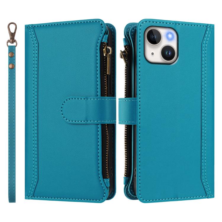 For iPhone 14 / 13 Magnetic Closure 9 Card Slots Zipper Leather Case with Hand Strap