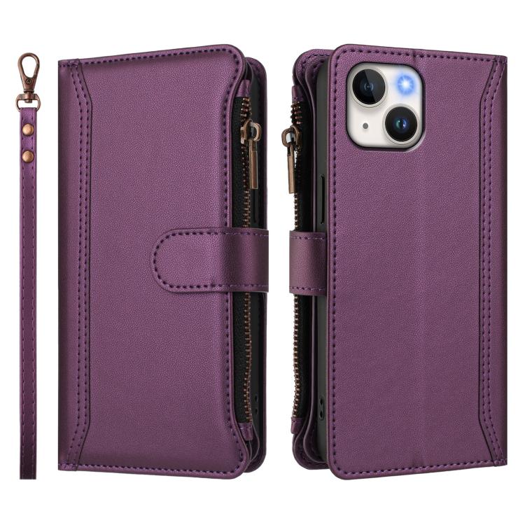 For iPhone 14 / 13 Magnetic Closure 9 Card Slots Zipper Leather Case with Hand Strap