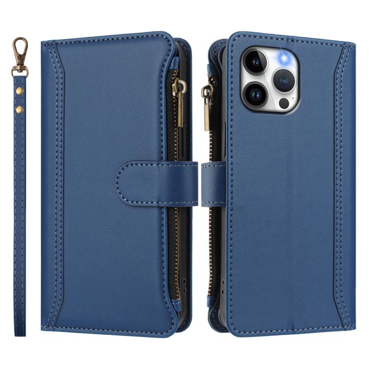 For iPhone 13 Pro Max Magnetic Closure 9 Card Slots Zipper Leather Case with Hand Strap