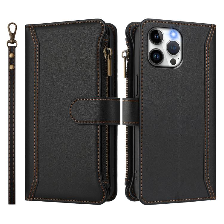 For iPhone 13 Pro Max Magnetic Closure 9 Card Slots Zipper Leather Case with Hand Strap