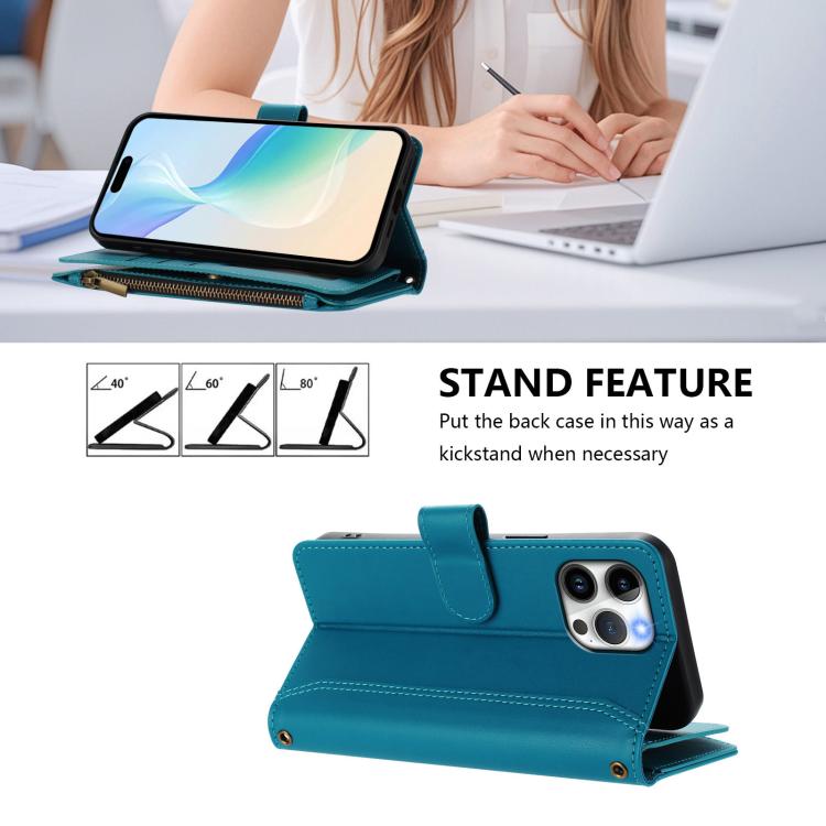 For iPhone 13 Pro Max Magnetic Closure 9 Card Slots Zipper Leather Case with Hand Strap