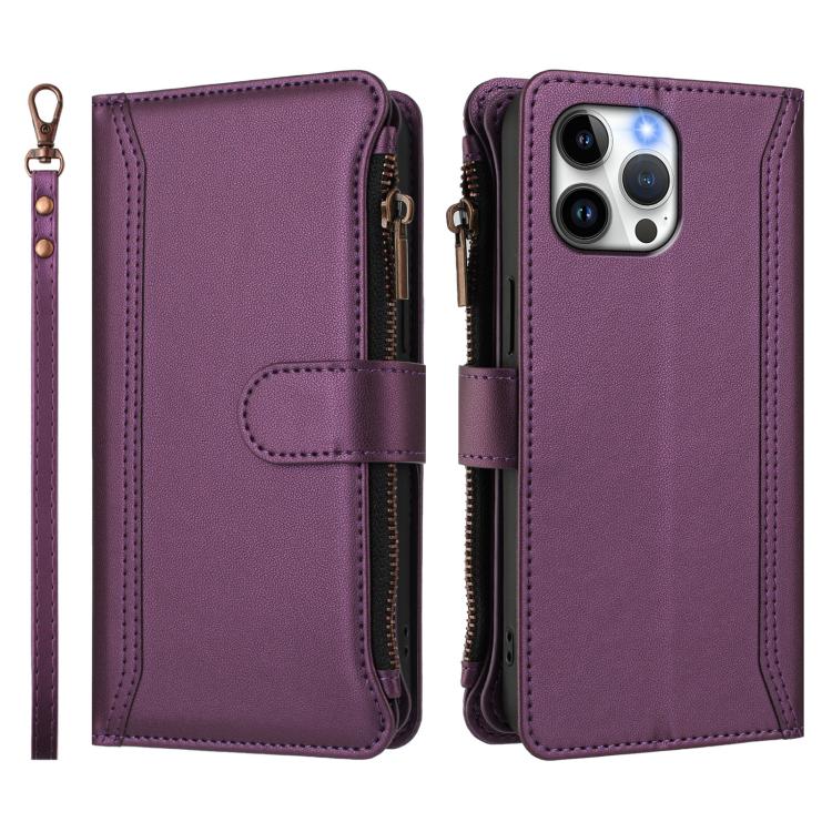 For iPhone 13 Pro Max Magnetic Closure 9 Card Slots Zipper Leather Case with Hand Strap